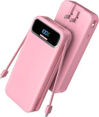 Portable Charger, 20000mAh 22.5W Fast Charging Power Bank with Built-in Cables & Wall Plug, Travel Essential External Battery Pack with LED Display, USB C Battery Phone Charger for iPhone Samsung Pink