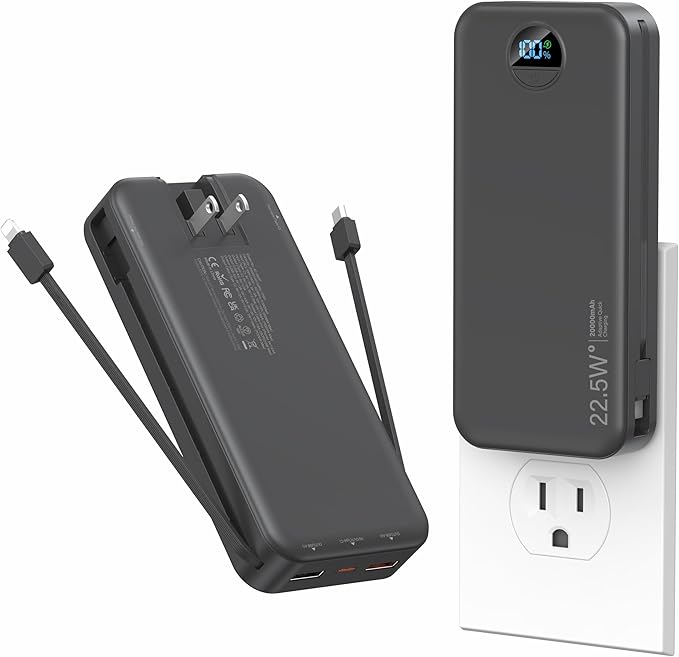 Ffnpua Portable Charger with Wall Plug, 20000mAh USB C Fast Charging Power Bank, External Battery Pack with Built in Cables, Digital Display, 5 Output 2 Input for iPhone Android Cell Phone Tablet