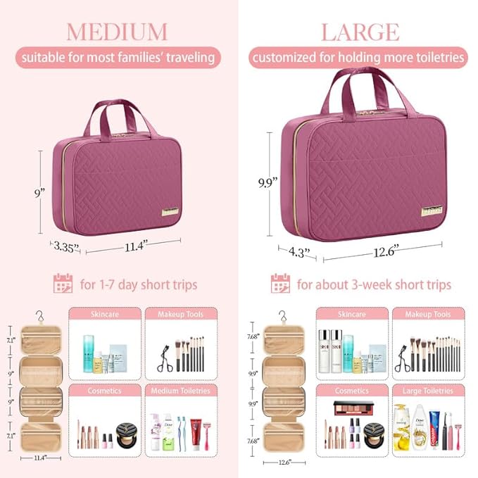 HOTOR Travel Toiletry Bag - Hanging Toiletry Bag for Women & Men, Makeup Bag/Big Comparment, Waterproof for Travel Accessories, Travel Essentials, Medium, Rosewood-Pink