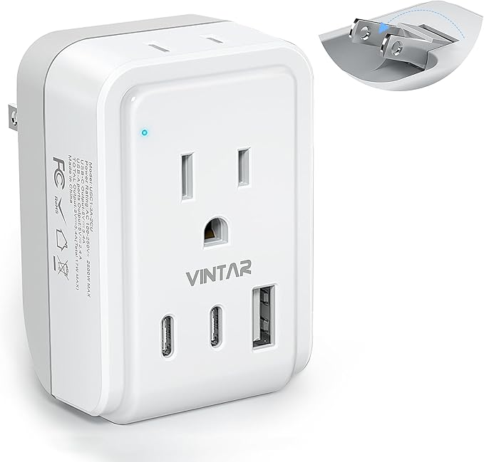 1 Pack US to Japan Plug Adapter, VINTAR Foldable Japan Travel Adapter with 2 Outlets and 3 USB Ports(2 USB C), 2 Prong to 3 Prong Outlet Adapter for USA to Japan China Canada Philippine, Type A