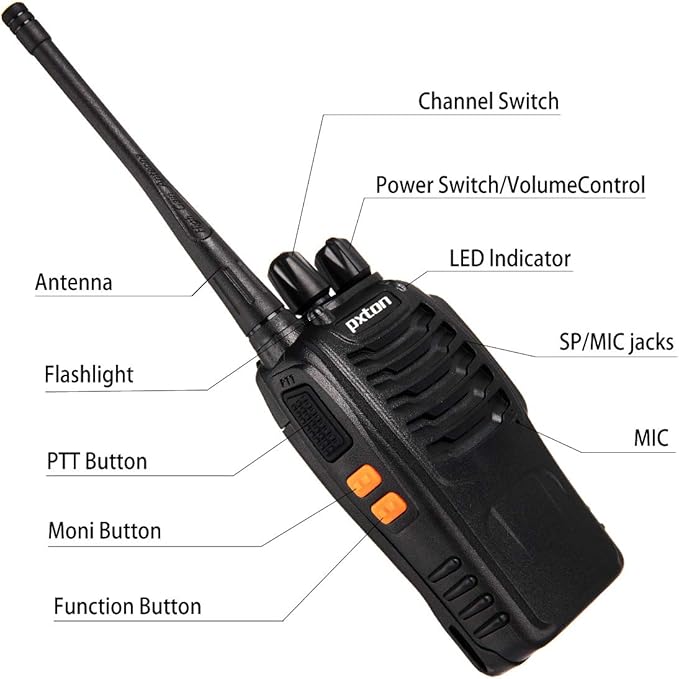 pxton Walkie Talkies Long Range for Adults with Earpieces,16 Channel Walky Talky Rechargeable Handheld Two Way Radios with Flashlight Li-ion Battery and Charger（4 Pack）