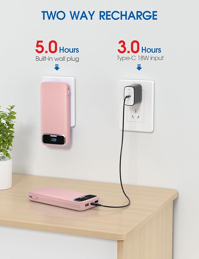 Portable Charger, 12000mAh 22.5W Fast Charging Power Bank with Built-in Cables & Wall Plug, USB C External Battery Pack with LED Display, Travel Essential Charging Bank for iPhone, iPad, Samsung Pink