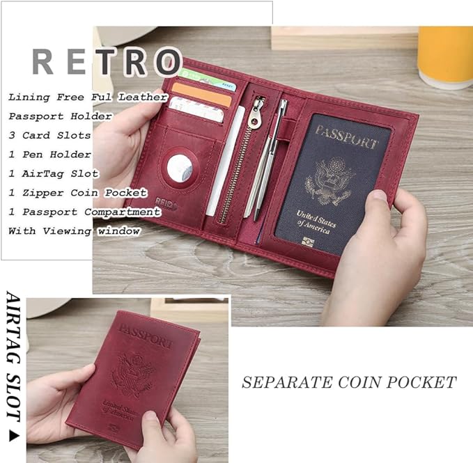 CONTACTS Full Grain Leather Passport Holder RFID Blocking Travel Passport Wallet Compatible with Airtag Passport Cover Case with 4 Cards Slots, Coin Pocket (Badge, Wine Red)