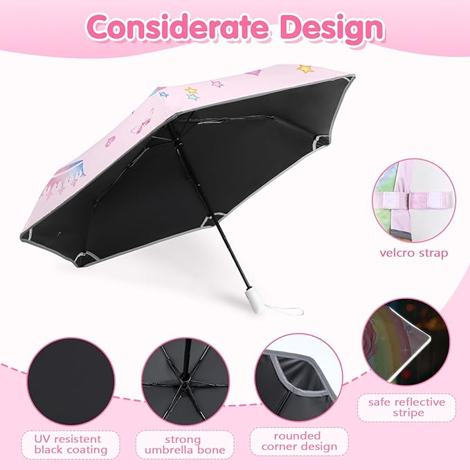 Kids Folding Umbrella Auto Open/Close Umbrellas for Rain Round Corner Safe Design UV Resistant Automatic Children Travel Umbrellas Reinforced Canopy 360° Reflective Strip Lightweight for Girls & Boys