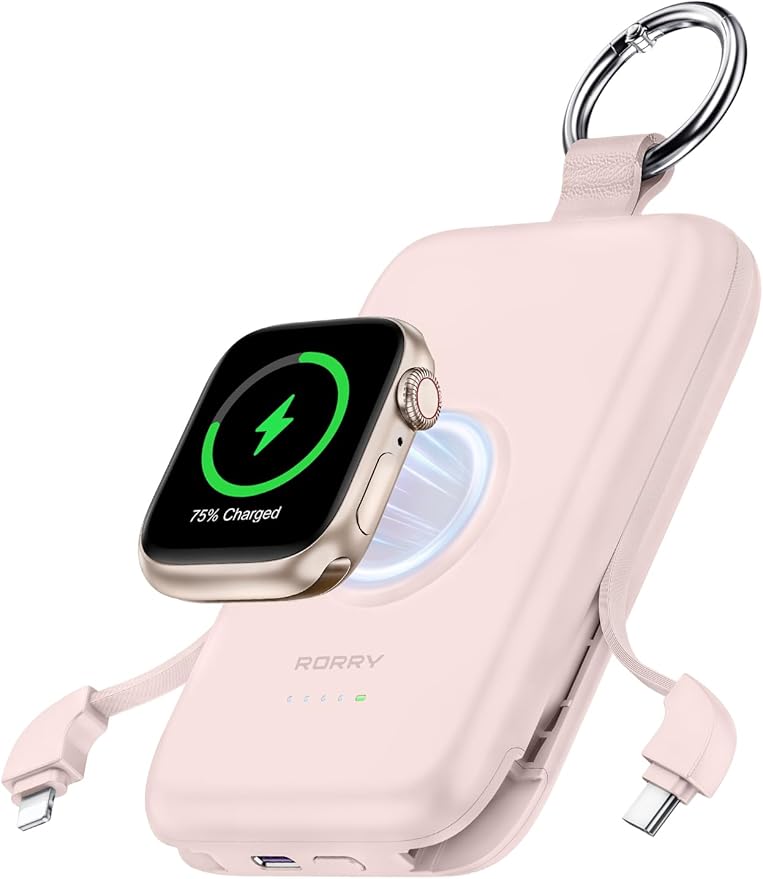 RORRY CharmGo Portable Charger, 10000mAh 20W Fast Charging Portable Charger Power Bank with Built in Cables, Travel Battery Pack for iPhone 17/16/15/14/13/12 and Apple Watch, Pink