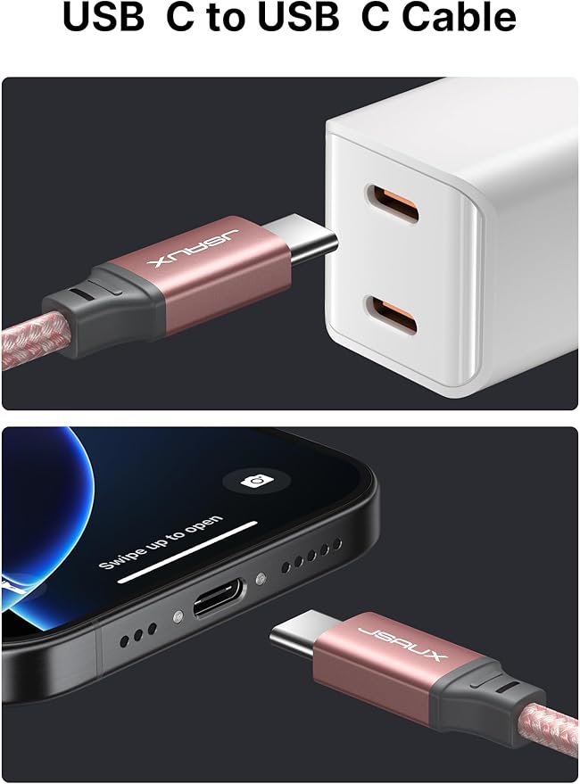 JSAUX 100W USB C to USB C Cable [2-Pack 6.6FT], Type C Fast Charging Cord for iPhone Air/iPhone 17/iPhone 17 Pro/iPhone 17 Pro Max, iPhone 16/15 Series, Galaxy S/Note Series, MacBook, iPad - Pink