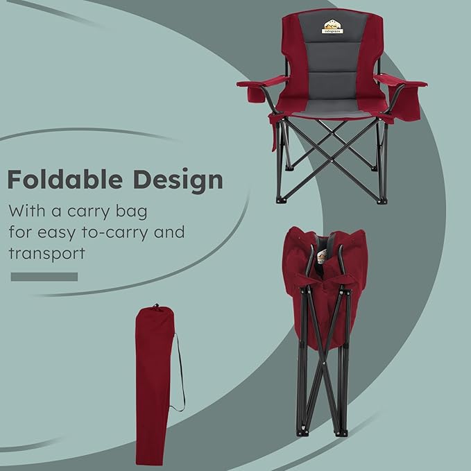 Colegence Oversized Folding Camping Chairs - 450 LBS Support Heavy Duty Camp Chair with Padded Cushion, Portable Outside Chairs with Carry Bag，Cooler, Cup Holder for Outdoor, Lawn, Sports - Red