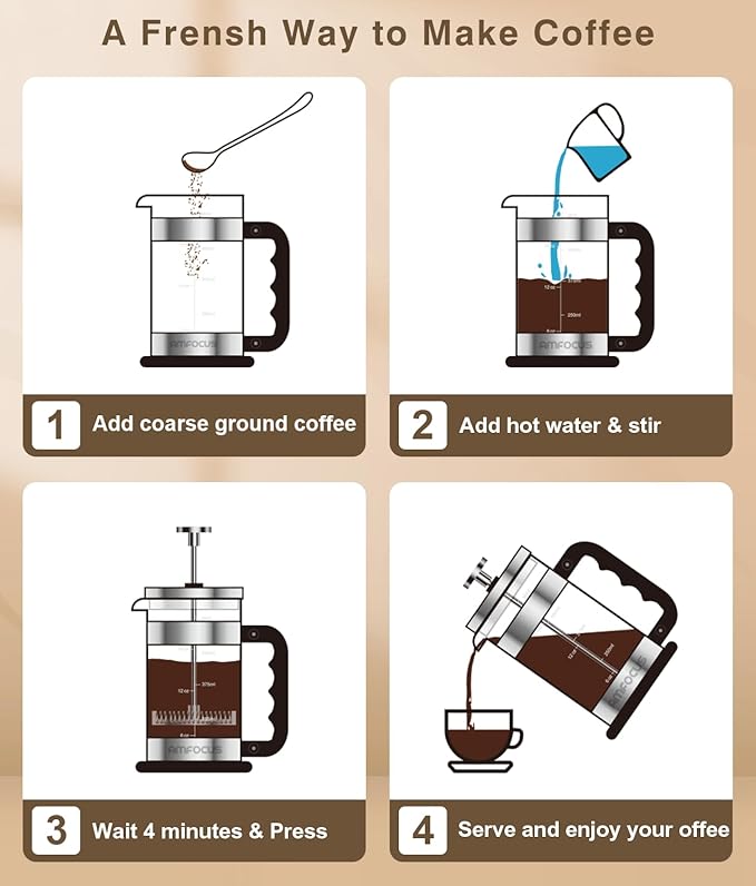 AMFOCUS French Press Coffee Maker 21 oz, 4-Level Filtration System, Premium Heat-Resistant Borosilicate Glass Teapot, Portable Coffee & Cold Brew Maker for Home, Travel, Camping - Ideal Gift