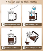 AMFOCUS French Press Coffee Maker 21 oz, 4-Level Filtration System, Premium Heat-Resistant Borosilicate Glass Teapot, Portable Coffee & Cold Brew Maker for Home, Travel, Camping - Ideal Gift