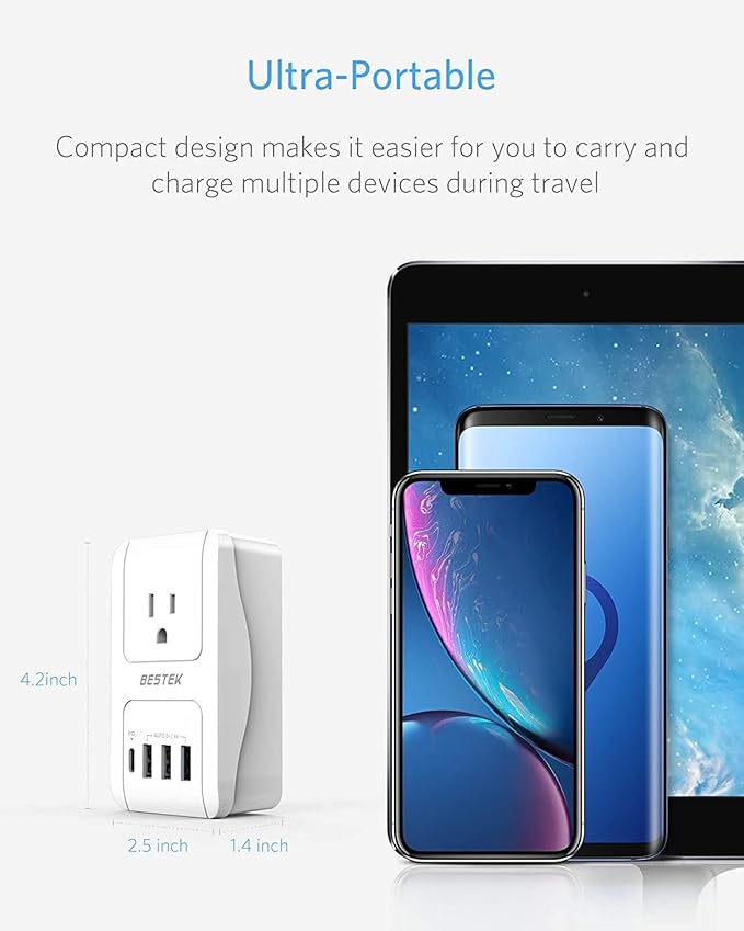 BESTEK Travel Adapter PD 35W, Universal Power Adapter 1 USB C 3 USB A, International Plug Adaptor Worldwide Outlet for US to European UK Spain - for Laptop, Phone, Camera