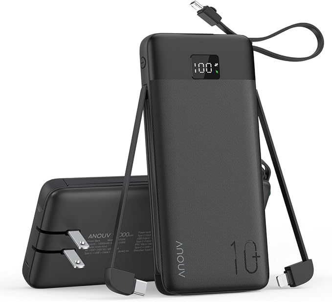 Portable Charger Built-in Cables and AC Wall Plug, 10000mAh 22.5W PD Fast Charging Power Bank, Lightweight Compact Battery Pack Travel Essentials for iPhone 17/16/15/14/13 Series,Samsung,Tablets