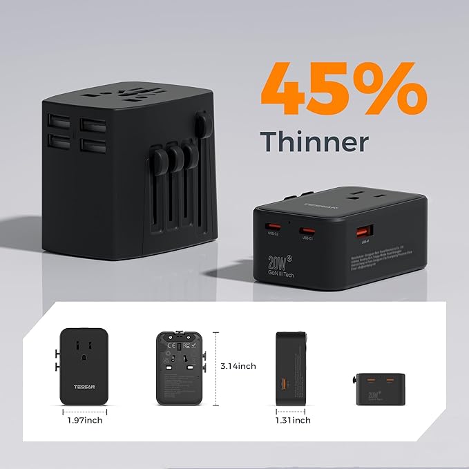 TESSAN 20W International Power Adapter, Ultra Slim Universal Travel Adapter with 2 USB-C 1 USB-A, Travel Adaptor Worldwide Plug for US to European UK Spain England New Zealand (Type C G A I), Black