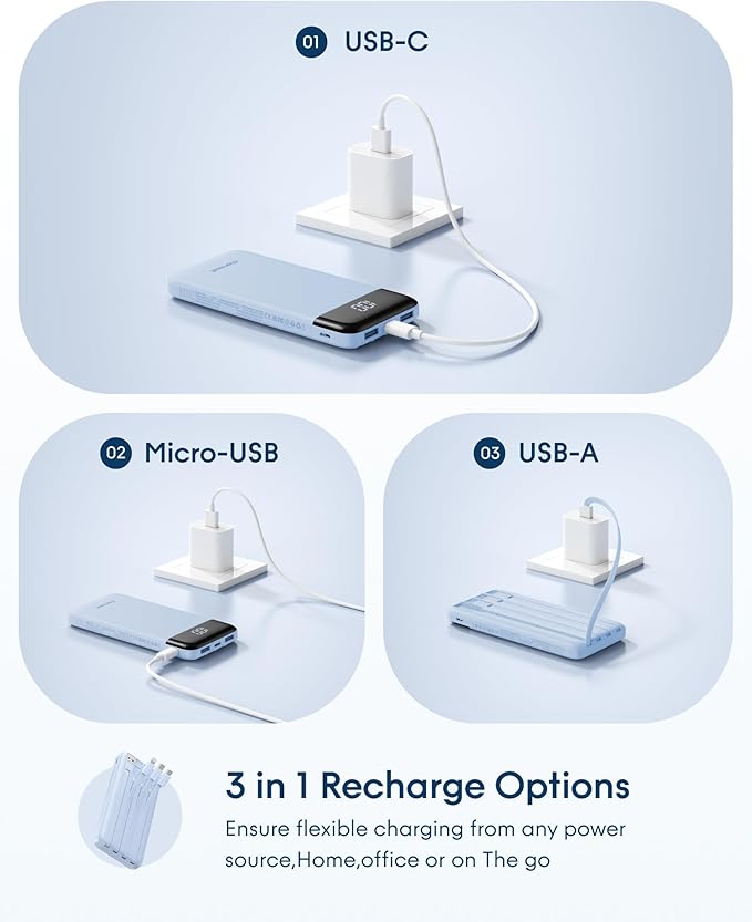 charmast 10000mAh Portable Charger with Built-in Cables, 6 Outputs & 3 Inputs Power Bank, Compact Travel Essential Battery Pack for iPhone 16/15, Samsung S25/S24, Google Pixel, iPad, AirPods & More