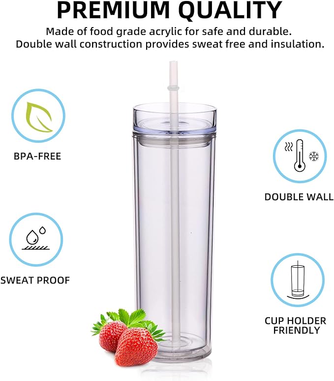 Volhoply 20oz Plastic Skinny Tumbler,Double Wall Tumblers with Lid and Straw,Reusable Travel Iced Coffee Mug,BPA Free Matte Acrylic Water Cups With Straw for Parties,DIY Gifts(Clear,1 Set)