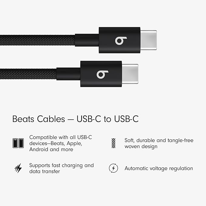 Beats USB-C to USB-C Woven Cable 2 Pack Fast Charging Durable/Tangle-Free Compatible Charger for Apple & Android Devices (1.5 m, 5 ft) - Bolt Black