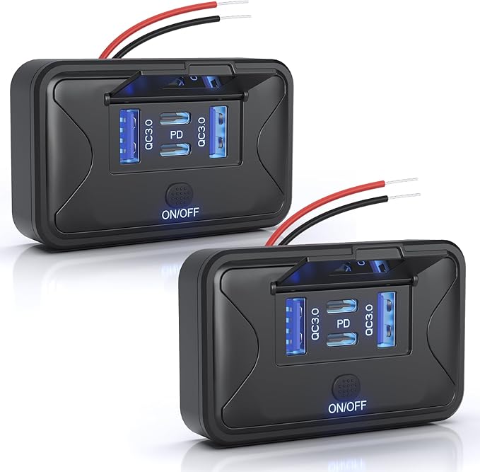 2PCS Gibbab 108W 4 Ports 12V RV USB Switch Outlet, 2 * 36W PD3.0 Type-C + 2 * 18W QC3.0 Quick Charge Panel Wall Mount Car Charger Socket Waterproof Multi-Port Adapter for Marine Truck Boat ATV Bus