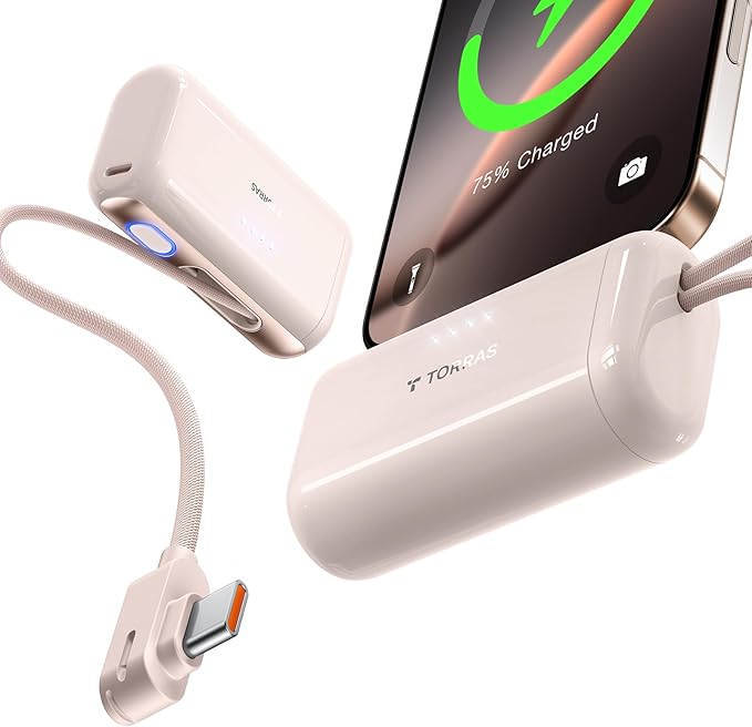 TORRAS 2-in-1 iPhone 16 Portable Charger, 5,000mAh 22.5W Mini Power Bank with Built-in USB-C Cable, Fast Charge Battery Pack, Travel Essential for iPhone 17/16/15, Galaxy S25, Google – Desert Titanium