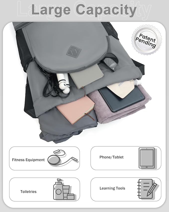 RHDZO Drawstring Backpack Gym Backpack with Shoe Compartment for Men Women String Sports Bag with Wet Pocket Cinch Swim Beach Bag, Large Gray