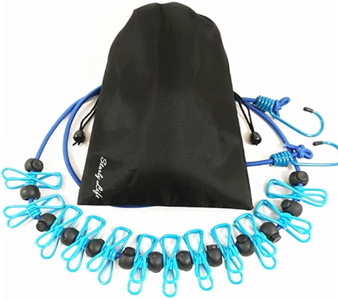 Adjustable Elastic Clothesline with Clips and Positioning Balls Portable Retractable Windproof Laundry Hanging Rope Anti-Skid Washing Line with Drawstring Bag (Light Blue)