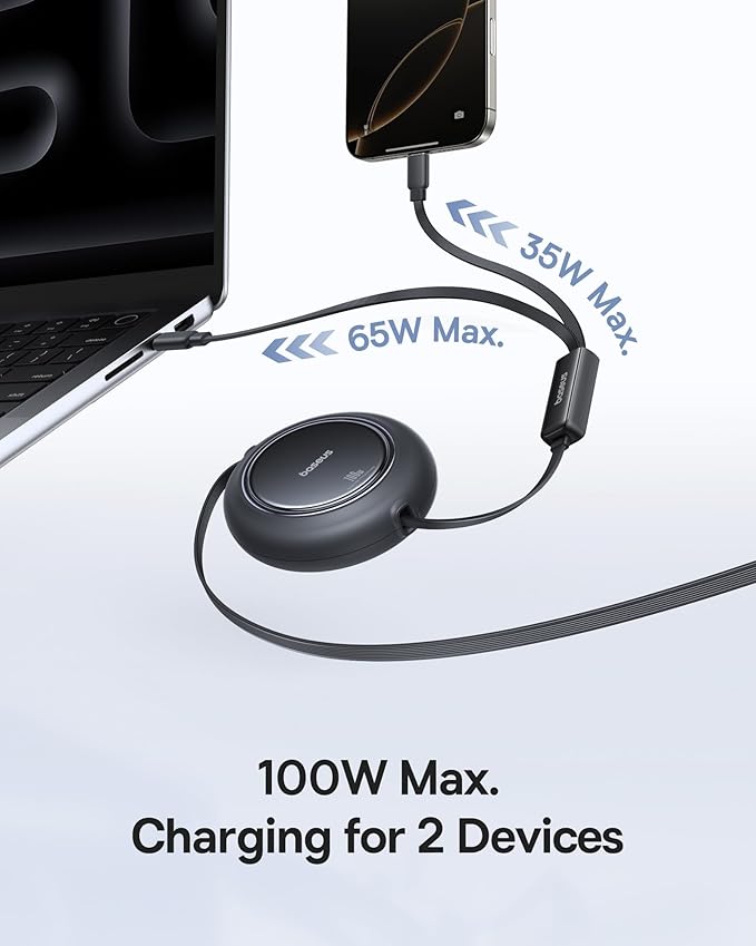 Baseus for MagSafe Portable Charger, Qi2 Certified 15W Wireless Magnetic Power Bank 10000mAh Retractable USB C Cable, 100W 2 in 1 USBC to USBC Multi Fast Charging Cable