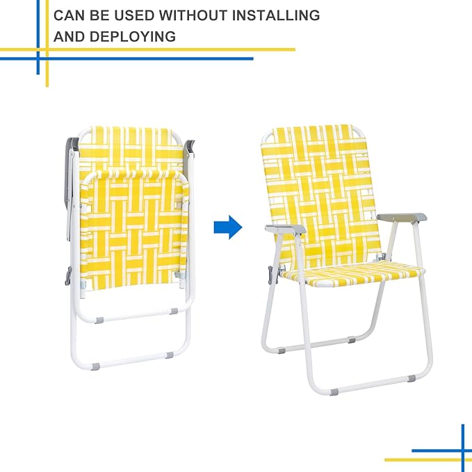 Folding Patio Lawn Webbed Chair Set of 2, Portable Outdoor Beach Chair for Adults, Camping Chair Steel Frame 300lbs Capacity for Yard, Garden Dining, Party, Picnic, Yellow
