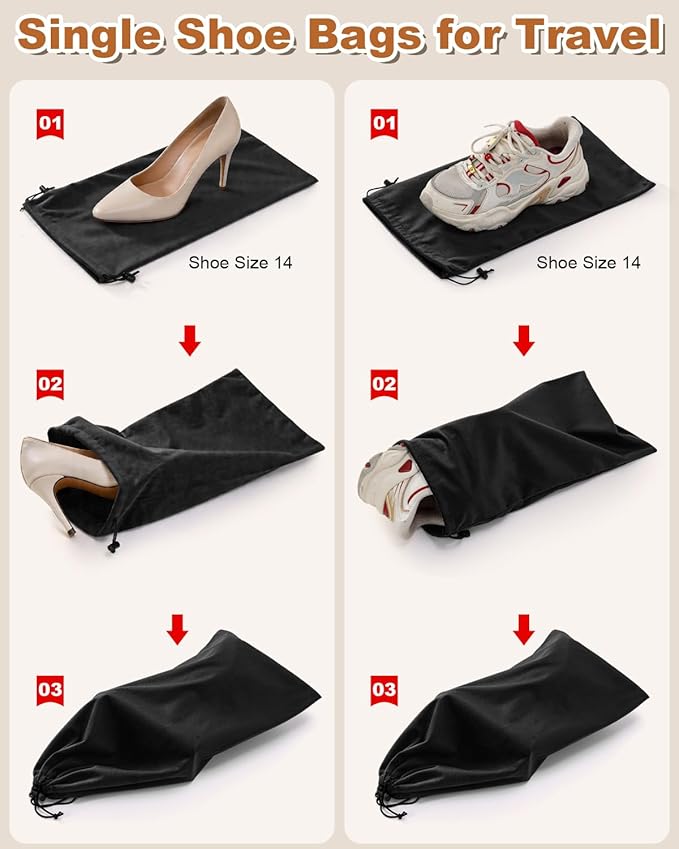 4 Pcs Single Shoe Bags for Travel, 17.3"x8.6" Washable Travel Shoe Bags for Packing in Suitcase, Velvet Dust Bag with Drawstring, Shoe Pouch for Women and Men, Travel and Home Storage (Black Beauty)