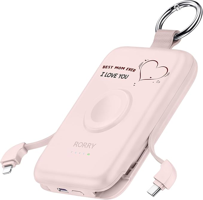 RORRY CharmGo Portable Charger, 10000mAh 20W Fast Charging Portable Charger Power Bank with Built in Cables, Travel Battery Pack for iPhone 17/16/15/14/13/12 and Apple Watch, Mom-Pink