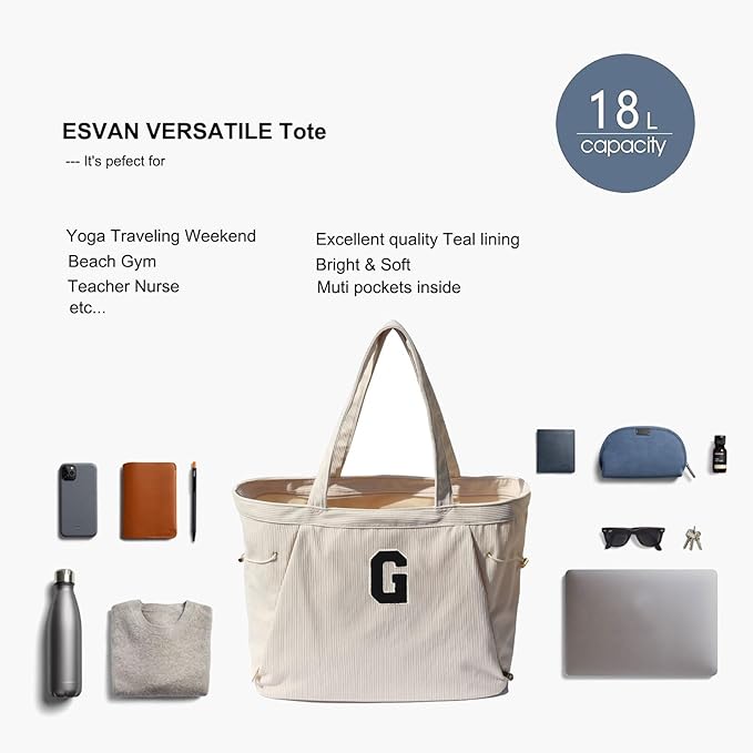 ESVAN Corduroy Yoga Tote Bag Gifts for Women Drawstring Yoga Mat Bag for Office Workout Travel Carryall Pilates Gym