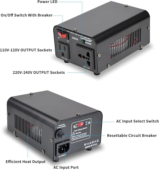 LVYUAN Voltage Transformer Converter 500 Watt Step Up/Down Convert from 110-120 Volt to 220-240 Volt and from 220-240 Volt to 110-120 Volt with US Outlet, Universal Outlet, Circuit Breaker