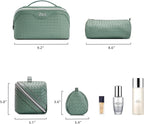 BOYATU Travel Makeup Bag Cosmetic Bags for Women: Large Capacity 3 Pcs Set Make up Bag with Compartments - Waterproof Vegan Leather Toiletry Organizer Bags with Handle (L10 Grass Green)
