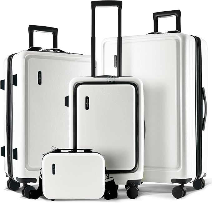 TRAVELARIM White Hardshell Luggage Sets 4 Piece, Durable Suitcase Set, Travel Luggage Set with Integrated TSA Lock, 360° Spinner Wheels, Expandable Medium and Large Checked Suitcase, 20/24/28 Inch