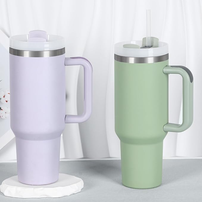 4 Pack 40 Oz Tumbler with Handle Bulk, Double Wall Vacuum Insulated Stainless Steel Tumbler with Lid and Straw, 40 oz cup with Silicone Spill Proof Stopper Set (Cream,Purple,Dark Green,Rose Quartz)