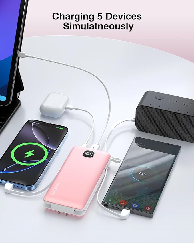 penaover Portable Charger with Built-in Cables&AC Wall Plug,5 Output 2 Input 20000mAh Power Bank,22.5W Fast Charging Battery Pack with LED Display,Compatible with iPhones,Android, Samsung etc,Pink