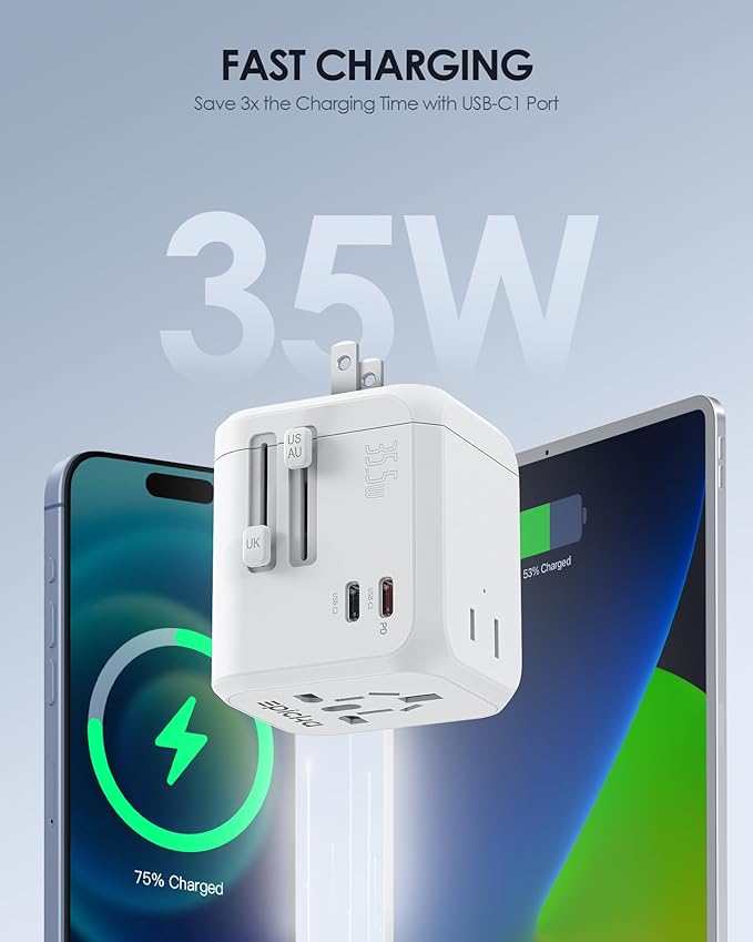 EPICKA 35W Universal Travel Adapter with 2 AC Outlet, European Travel Plug Adapter with PD Fast Charging, 6-Port (2 AC/2 USB-C/3 USB-A) International Power Adapter - Travel Essentials (TA-205, White)