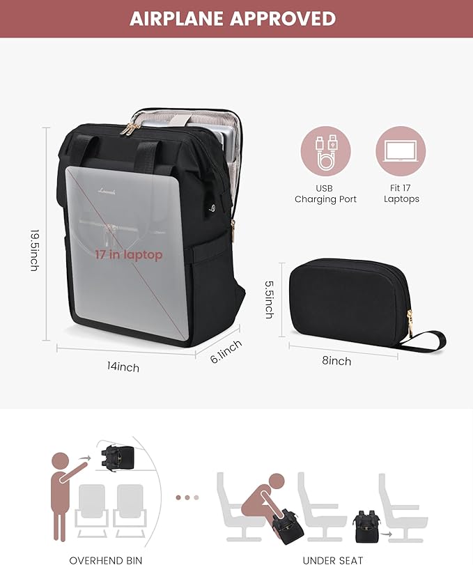 LOVEVOOK 17.3 Inch Laptop Backpack for Women, Large Capacity Travel Backpack with Organizer Bag, Waterproof Carry on Backpack Work Bag with USB Port, Teacher Nurse Backpack Purse, 2PCS