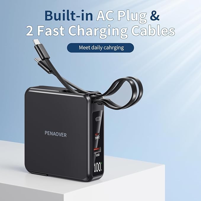 Wireless Charging Portable Charger with Built-in Cables & AC Wall Plug, 10000mAh Power Bank with LED light, PD 22.5W Fast Charging Travel Portable Charger for iPhone, Samsung, Android(No-Magnetic)