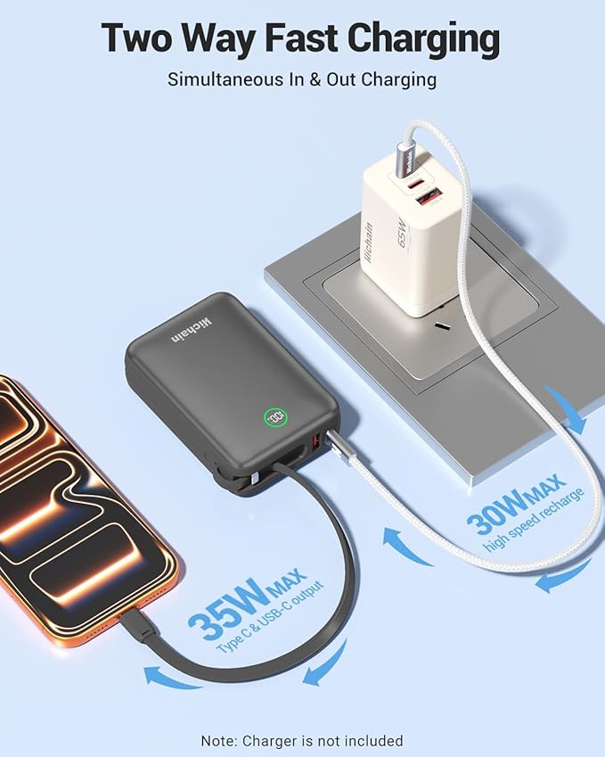 Hichain 20,000mAh 35W Power Bank Fast Charging Portable Charger for iPhone 17/16/15/14/13, iPad, Android, LED Display 4 Outputs Battery Pack Built in Dual Cables Portable Travel Charger Gray