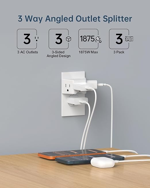 BEONDON 3-Pack Outlet Splitter, Small Outlet Extender, 3 Way Angled Wall Plug Extender, Cruise Ship Essentials, 3 Prong Grounded Plug Adapter for House, Hotel, Dorm, Hostel