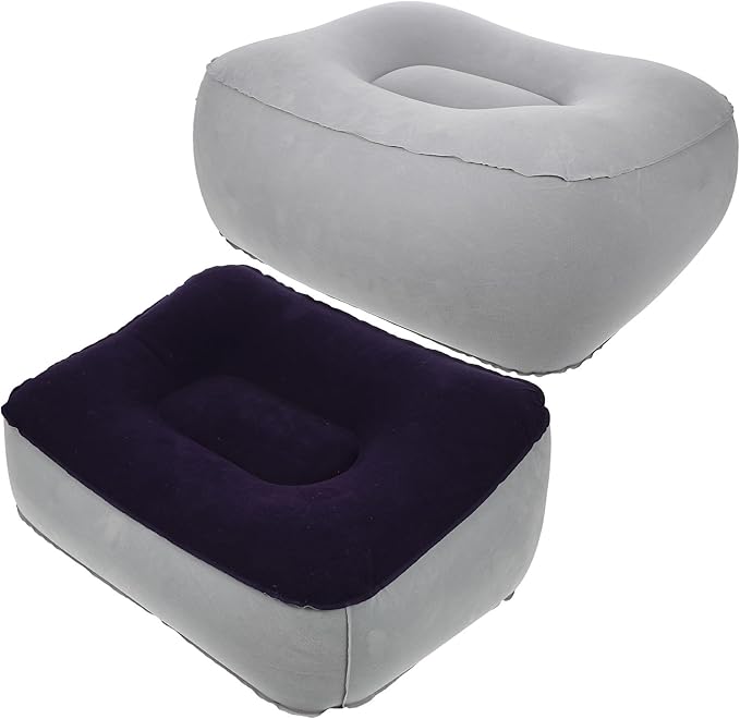 Garneck 2 Pcs Inflatable Foot Rest Pillow, PVC Flocking Travel Foot Cushion with Adjustable Air Pressure, Multi-use Stool for Outdoor, Airplane, Car (Grey Blue + Grey)
