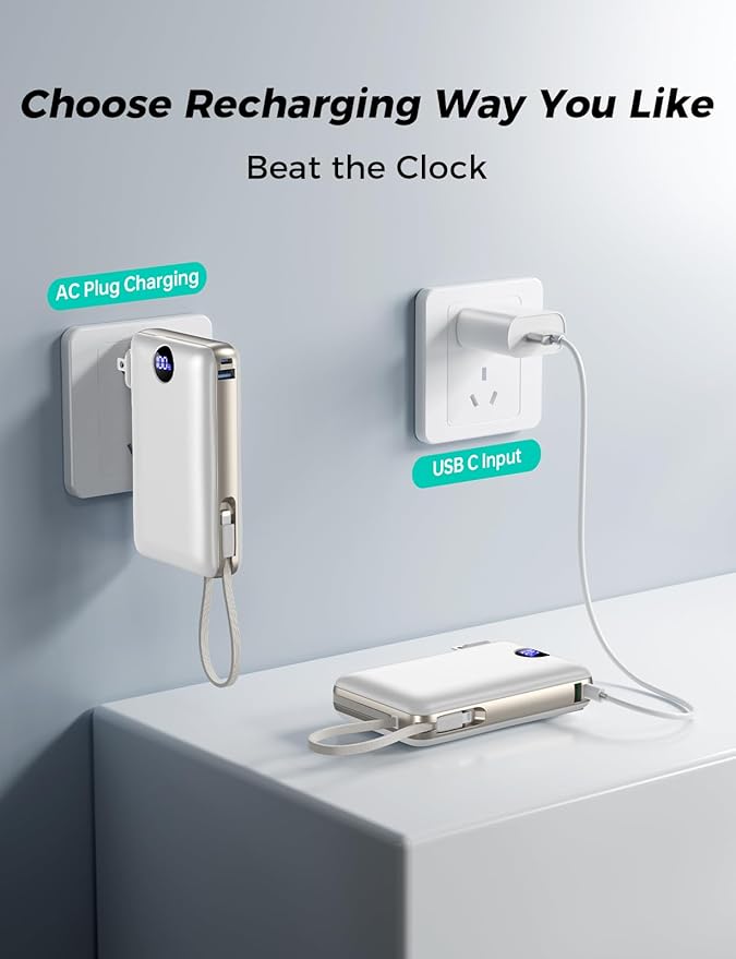 Portable Charger 50000mAh with Built-in Cables and AC Wall Plug, 22.5W Fast Charging Power Bank with LED Display for iPhone 17/16, Samsung, Android Devices, Camping, Road Trips and Travel, White