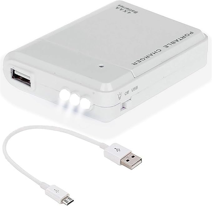 Portable AA Battery Travel Charger Works for Lenovo K6 Power 16GB and Emergency Re-Charger with LED Light! (Takes 4 AA Batteries,MicroUSB) [White]