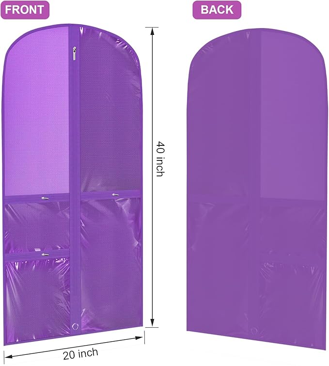 Woanger 6 Pcs Garment Bags for Dance Costumes Clear PVC with Zippers Garment Bag with Pockets Dance Costume Organizer Carrier for Storage Cover for Adult(Purple,20'' X 40'')