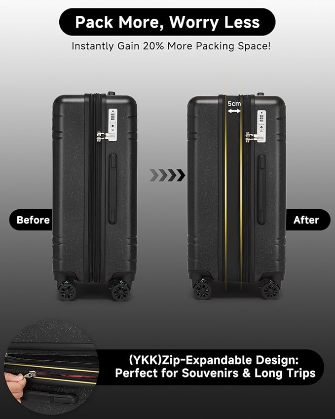 Somago Expandable Carry On luggage with Shock-Absorbing Braking Spinner Wheels Moon Star Design Hard Shell Suitcase with Cupholder TSA Lock (Black,Expandable 20 Inch)
