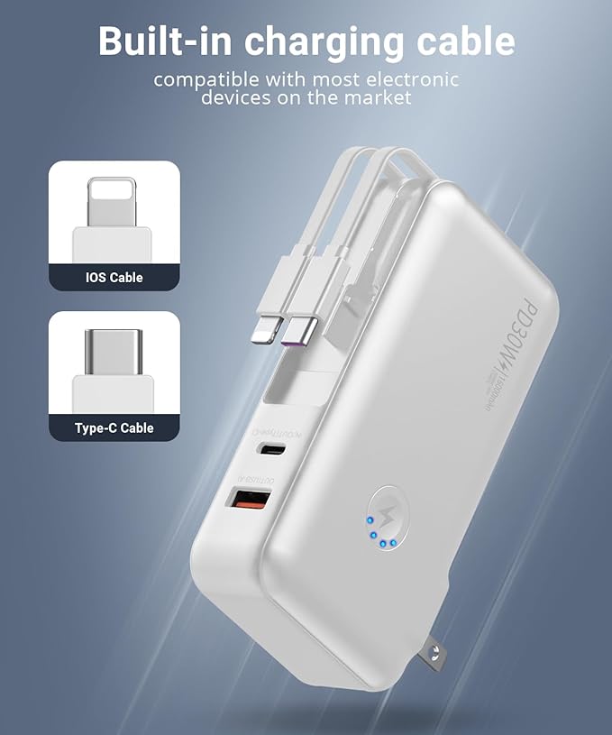 Portable Charger, Power Bank, 16000mAh Power Bank Built-in AC Wall Plug and Cables, PD 30W and QC4.0 Fast Charger for iPhone and Android Phones and Most Electronic Devices (White)
