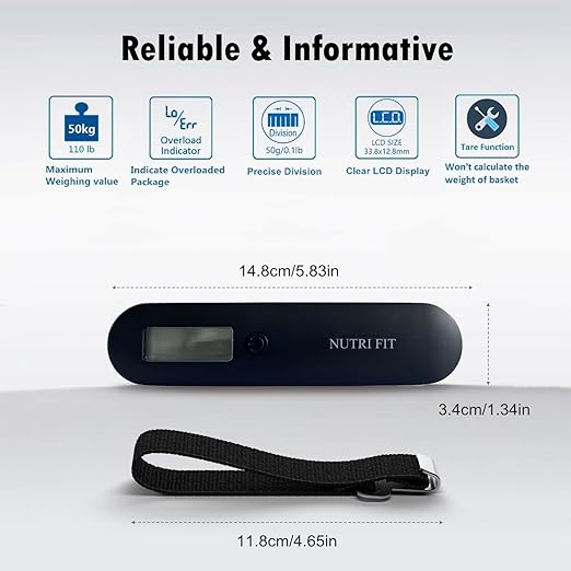 NUTRI FIT Luggage Scale Travel Digital Suitcase Weight Scale Portable Bag Weighing Scale Baggage Weigher, LCD Display 110lb/50kg Electronic Handheld Balance for Packages Airplane Travel Essentials