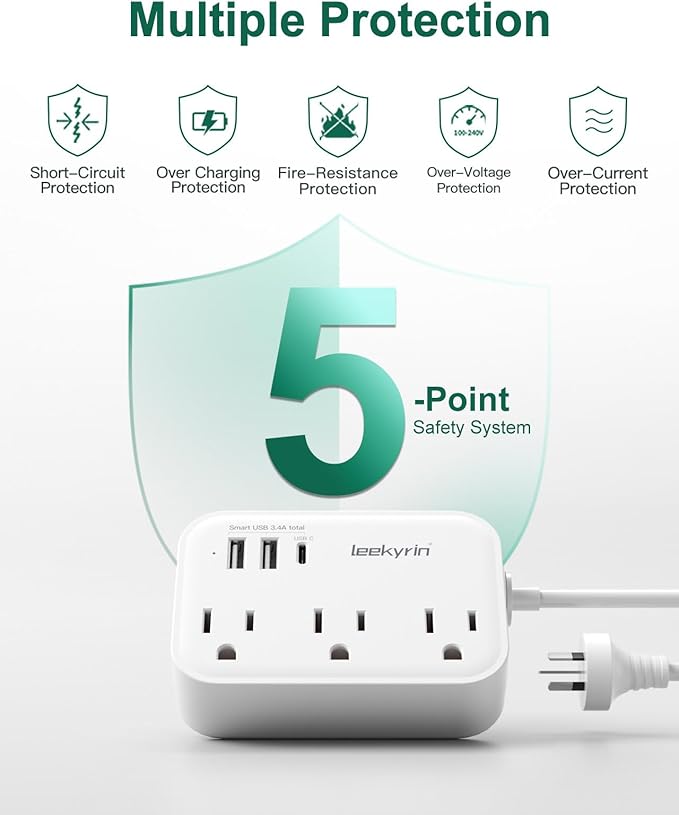 Australia Power Plug Adapter, New Zealand Power Adapter with 3 Outlets 3 USB Charging Ports (1 USB C), Type I Travel Plug for US to New Zealand China Argentina Fiji AU