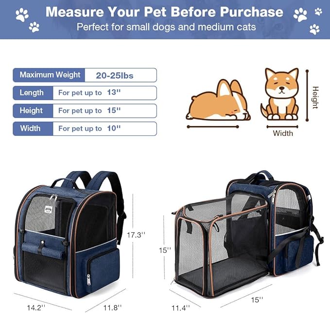 Extra Large Cat Backpack Carrier Expandable Pet Carrier Backpack for Small Dogs Medium Cats Fit Up to 18 Lbs, Dog Backpack Carrier, Foldable Puppy Backpack Carrier for Travel, Hiking,Blue