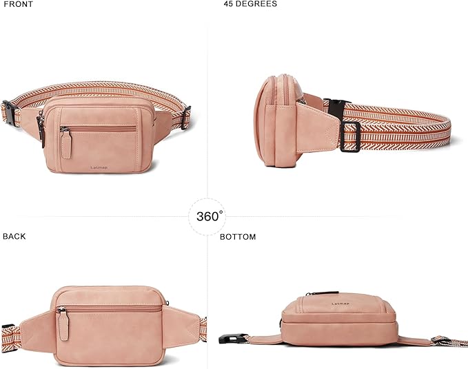 LATMAP 3L TRIPLE ZIP Fanny Packs Belt Bag For Women Men Crossbody Waist Pack Sling Chest Bum Travel Bag Purse Faux Leather Fashion Cute Light Pink