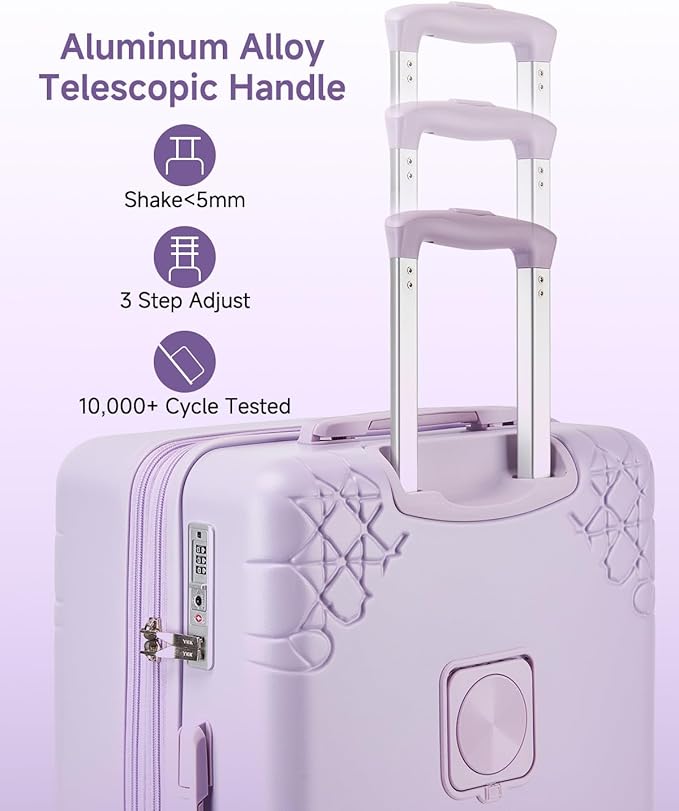Somago Expandable Carry On luggage with Shock-Absorbing Braking Spinner Wheels Moon Star Design Hard Shell Suitcase with Cupholder TSA Lock (Light Purple,Expandable 20 Inch)