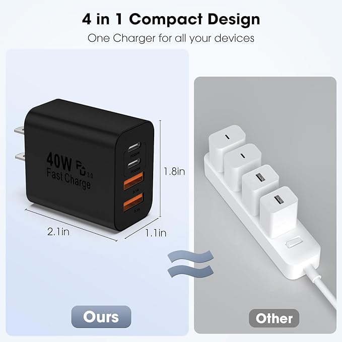 USB C Charger Block, 2 Pack 40W 4-Port iPhone Charger Fast Charging Multiport PD 3.0 & QC 4.0 Double Quick Charge, Compatible with iPhone 17/16/15/14/13/12/11，Pro Max，iPad, Samsung (2, Black)